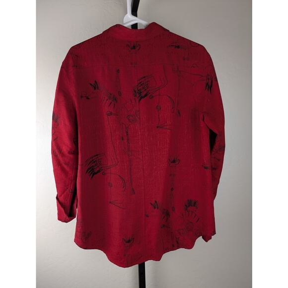 Chico's size 1 Medium Silk Button Front Shirt Red Monkey Bird Elephant Print - Picture 2 of 7